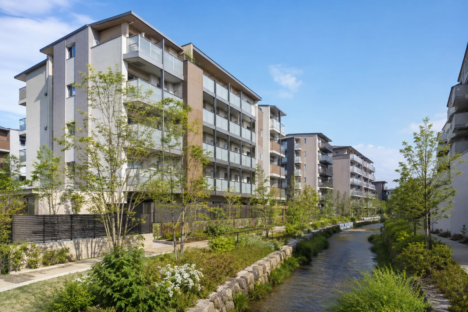 Modernes Wohnquartier in Minami-ku mit Apartmenthäusern, Gärten und begrüntem Wasserlauf