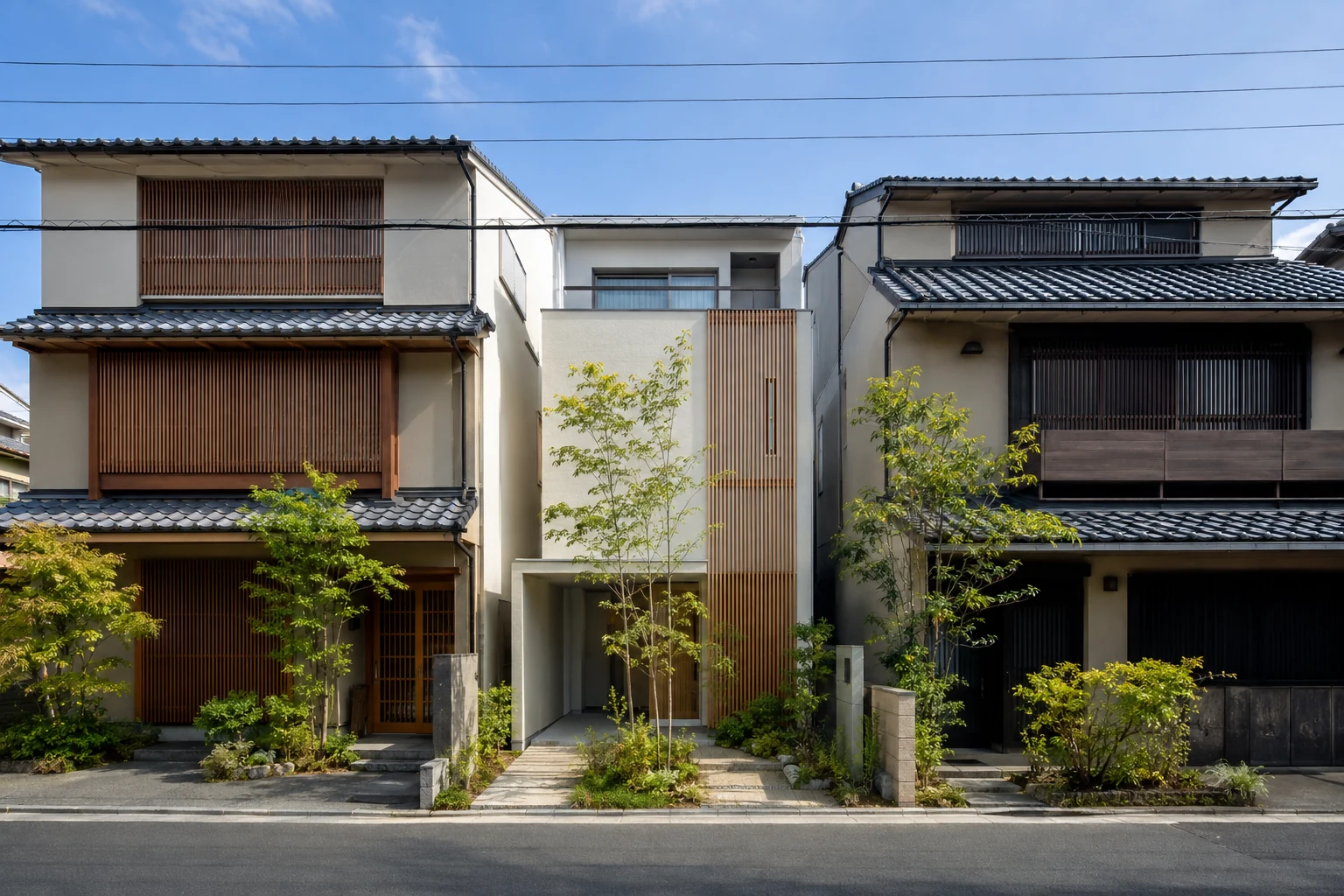 Kyotoer Wohnstraße mit Ziegeldächern, Holzlamellen und begrünten Vorbereichen in Minami-ku